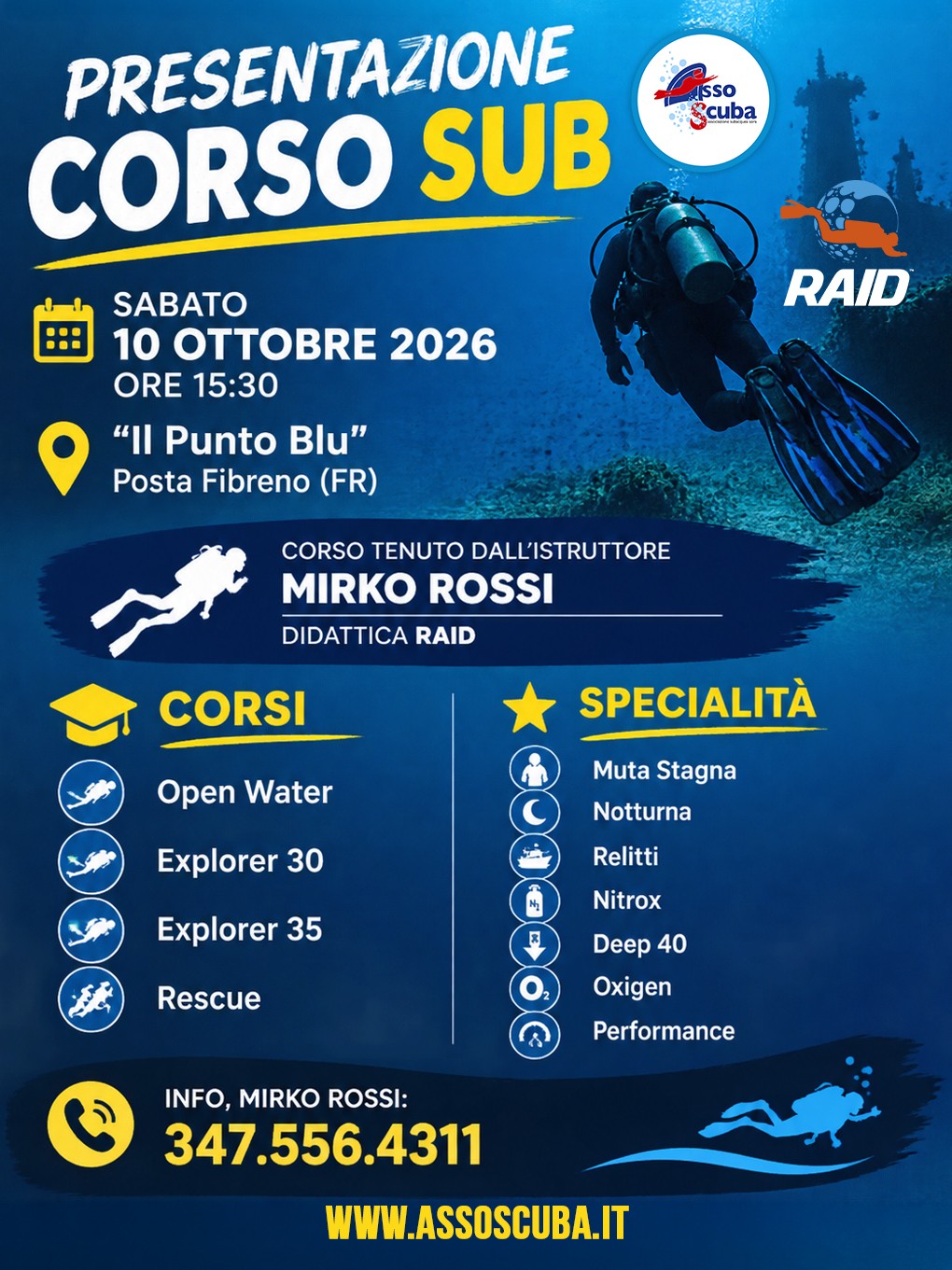 locandina della presentazione dei corsi di subacquea del 10 ottobre 2026
